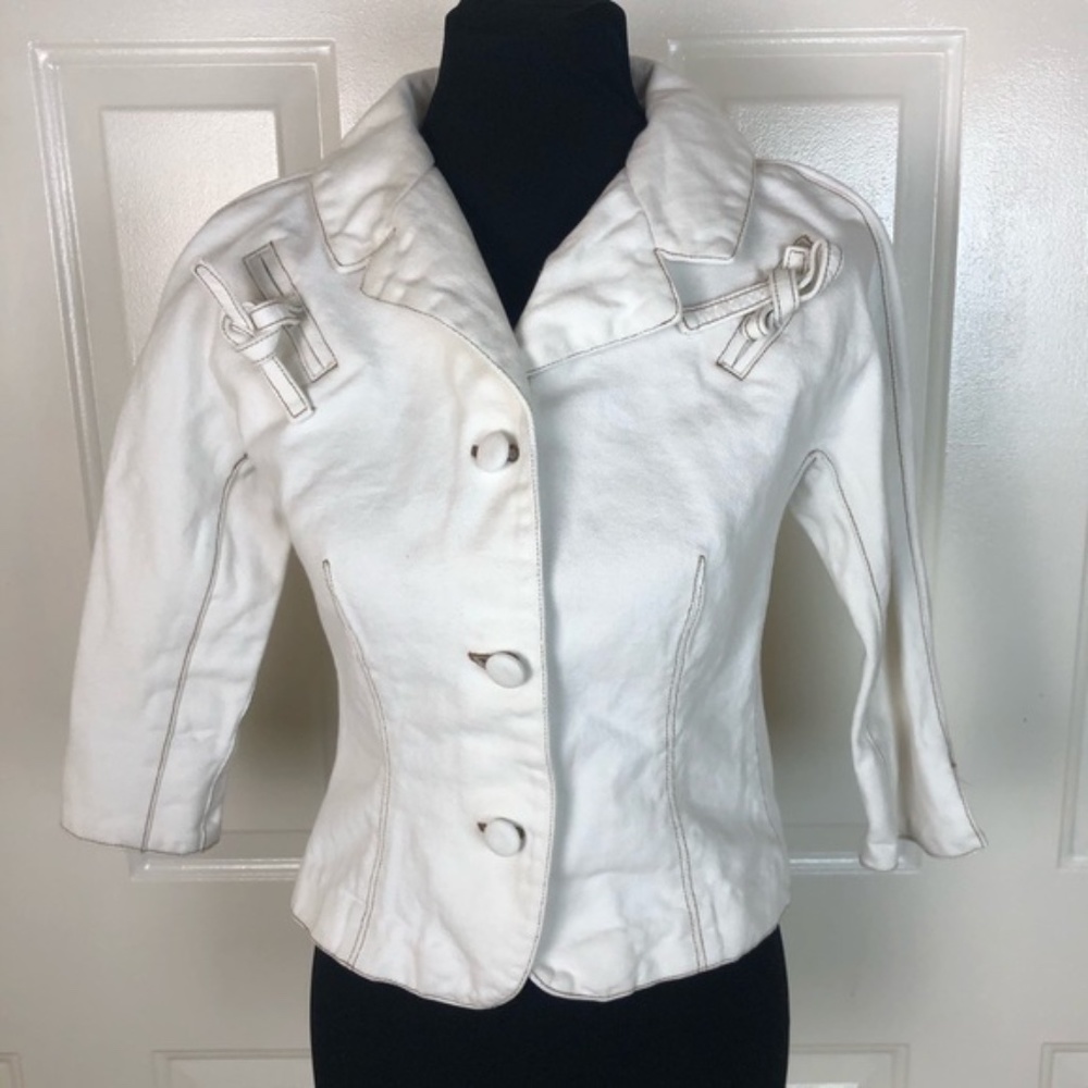 Diane von Furstenberg White Denim 3/4 Sleeve Cropped Jacket Size 4